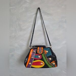 Vtg Multi Color Patent Leather Patchwork Croc Embossed Shoulder & Top Handle Bag
